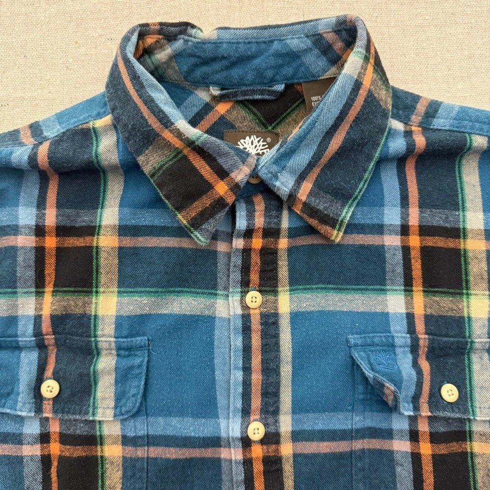 Timberland Mens Large Blue Orange Plaid Flannel Long Sleeve Button Down Shirt